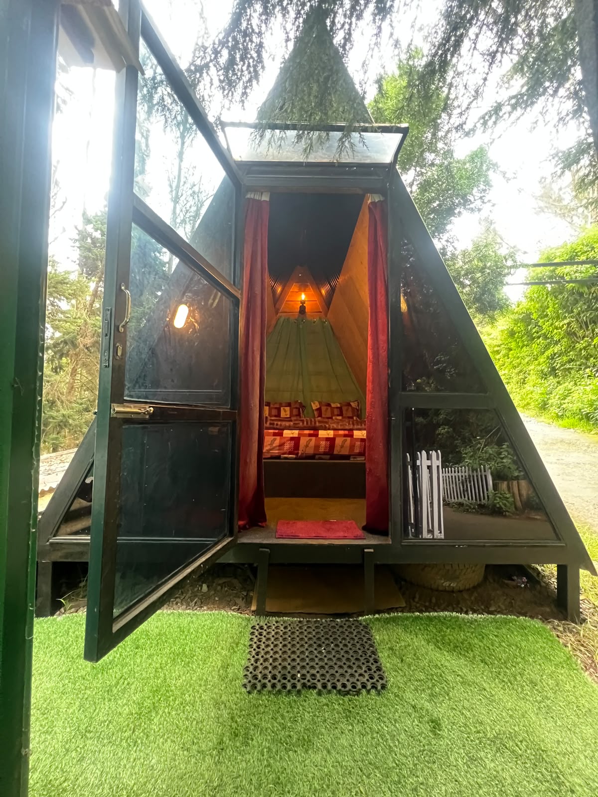 Authentic A-frame cabin exterior and interior at The Groot Ooty